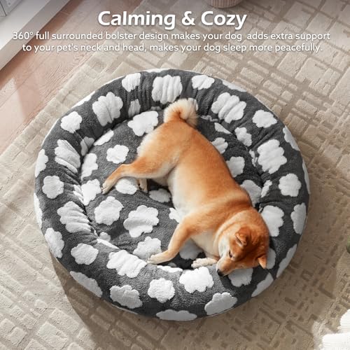 JOEJOY Donut Dog Bed Medium Size, Cute Round Calming Pet Bed with Removable Washable Cover, Orthopedic Cat Puppy Bed with Jacquard Shaggy Plush & Non Skid Bottom - color: Grey, size: M (30x30x8)
