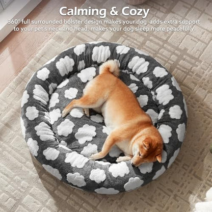 JOEJOY Donut Dog Bed Medium Size, Cute Round Calming Pet Bed with Removable Washable Cover, Orthopedic Cat Puppy Bed with Jacquard Shaggy Plush & Non Skid Bottom - color: Grey, size: M (30x30x8)