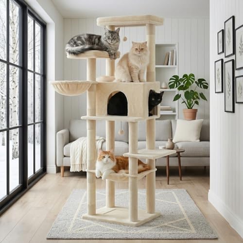 PAWZ Road Large Cat Tree, 73 Inches Tall Cat Tower with 1 Large Padded Perch,2 Spacious Hammocks,8 Long Scratching Posts, XL Plush Cat Condo for Indoor Adult Cats,Beige - color: Beige, size: 73"