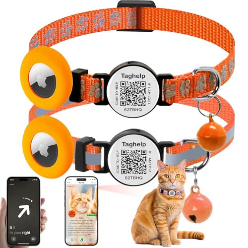 2 Pack Cat Collar Airtag Holder with Bells, Kitten with Apple Airtag Holder for Cats with Smart ID tag QR Code,Adjustable Reflective Cat Collar with Breakaway Buckle for Girl Boy Cats(Orange) - color: reflective strip & Paw pattern - Orange, size: Collar