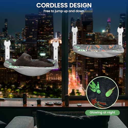 HiPetpy Cat Window Perch, Glow in The Dark Foldable Cat Hammock with Sunken Design & Removable Soft Cover, Breathable Cordless Window Bed for Resting Indoor Kitten (Shallow Perch, 1 Pack - M) - size: 1 Pack - M