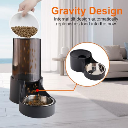 Automatic Cat Feeder, 3.8L Large Gravity Cat Food Dispenser with Detachable Top Lid, Visible Bottle and Stainless Steel Bowl for Pets (Full Black) - color: Full Black