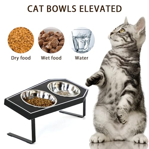 Cat Food Bowls Elevated, Gothic Cat Bowls, Raised Cat Bowls for Indoor Cats with Non-Slip Stand & Wood Board, Stainless Steel and Whisker Friendly Food Bowls - size: Cat Bowls x2