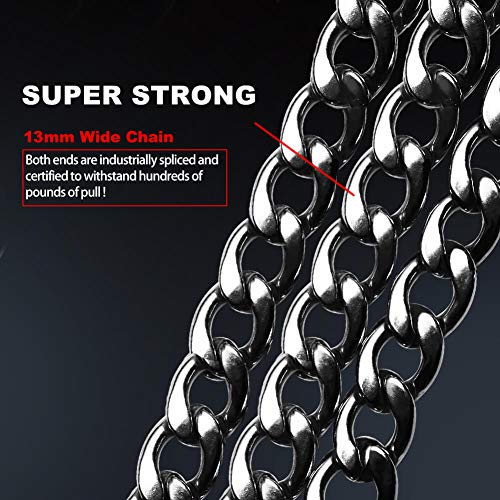Premium Heavy Duty Extra Wide Links 13mm Dog Chain Leash, 6 Feet Faux Chrome Stainless Steel Cuban Link Chain Labor-Saving Spring Basic Leash for Medium Big Dogs Walking,Traffic Training Traveling