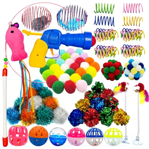 HerMia Colorful Cat Toys Bulk for Indoor Cats, 84 Pcs Interactive Kitten Toys Set, Cat Toy Cat Toy Bundle for Multiple Cats with Plush Balls Launcher & Teaser Wand, Includes Crinkle Balls, Springs