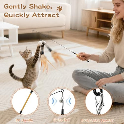 Pawaboo Feather Teaser Cat Toy - Interactive Wand with Extra Long 34.5" Wand and Small Bell, Fun Exerciser Playing Toy for Kittens or Cats, Brown Feather - color: A-Brown