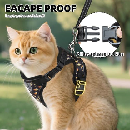 PUPTECK Cat Harness and Leash Set Escape Proof Reflective Cat Walking Harness Adjustable Soft Breathable Mesh Vest for Small Pets, Star&Moon, S - color: Black(Star&Moon), size: S (NECK 9.5"-11", CHEST 13"-16")