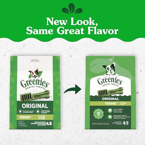 Greenies Veterinarian-Recommended Adult Natural Dental Dog Treats Teenie Size, Dog Dental Chews, Original Flavor, 12 oz. Pack, 43 Count - size: 43 Count (Pack of 1)