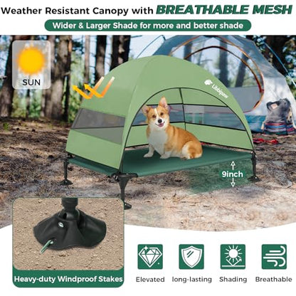 Windproof Elevated Dog Bed with Canopy & Stakes, 3-Sided 90% UV Block, Chew-Proof Teslin Mesh Mat for Large Dogs up to 150lbs(Green Large) - color: Green, size: Large