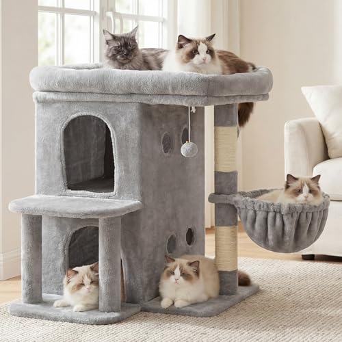 Heybly Cat Tree, 26.3-inch Cat Tower with Spacious Top Perch for Large Cats, Stair-Style Cat House Furniture with Dual-Layer Condos, Sisal Scratching Posts, Cozy Basket & Pompom, Light Gray HCT204SW - color: Light Gray, size: 26.3 Inch