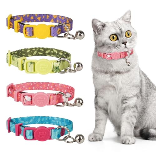 4 Pack Breakaway Cat Collar with Bell, Quick Release Safe Buckle Adjustable Cat Collars, Floral Print Rose/Ginkgo/Sunflower/Butterfly - color: 1#Floral, size: Cat(Neck:8"-12")