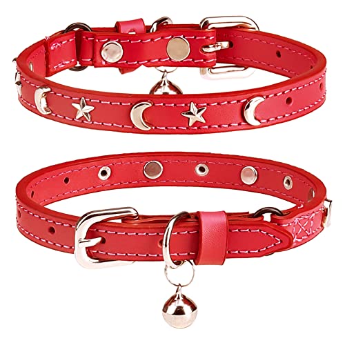 Leather Cat Collars for Boy Girl Cats with Bell and Safety Elastic Belt, Personalized Star and Moon Stud Adjustable Safe Buckle Collar for Kitty Small Big Cats Size 7-9 Inch, Red - color: Red_Star & Moon, size: 7"-9" For Cats(Pack of 1)