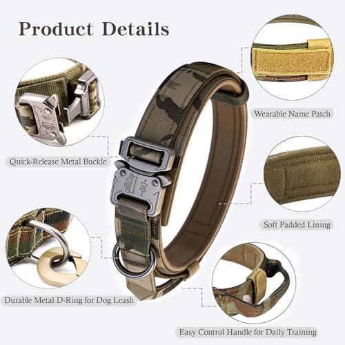 Tactical Dog Collar Military Dog Collar Adjustable Nylon Dog Collar Heavy Duty Metal Buckle with Handle for Dog Training (Camo,S) - color: Camo, size: Small (Pack of 1)