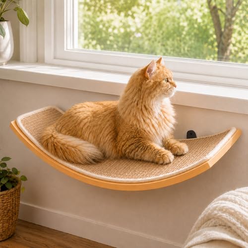 Curved Cat Wall Hammock with Scratchable Sisal Pad, Large Floating Cat Shelf for Wall, Wall Mounted Beige Bed for Playing, Climbing, and Sleeping - color: Sisal-Wood, size: 1 Curved Bed