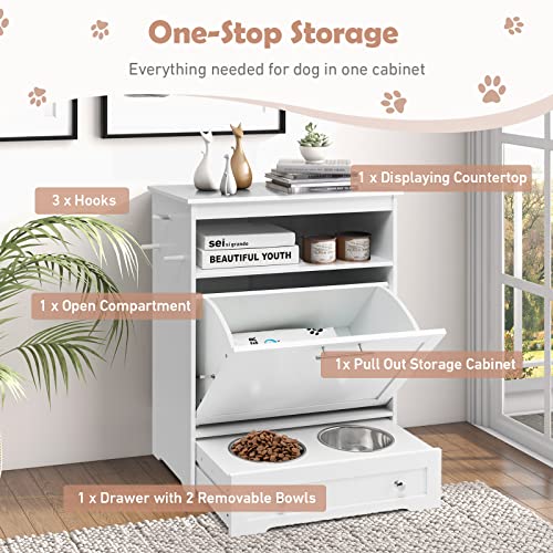 Dog Feeding Station Dogs Food Storage Cabinet Pet Feeder Container with 2 Thick 50oz Stainless Steel Raised Dog Food and Water Bowls, Pet Supply Organizer with Pet Toy Hangers, White - color: White