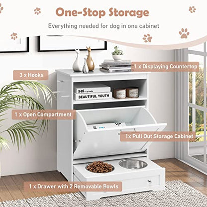 Dog Feeding Station Dogs Food Storage Cabinet Pet Feeder Container with 2 Thick 50oz Stainless Steel Raised Dog Food and Water Bowls, Pet Supply Organizer with Pet Toy Hangers, White - color: White