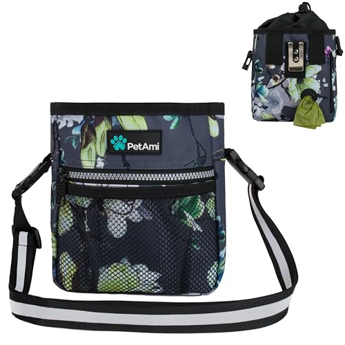 PetAmi Dog Treat Pouch, Pet Treat Pouch for Training, Dog Walking Bag Holder for Kibbles, Pet Food Toy, Dog Trainer Essentials Supplies, Poop Bag Dispenser, 3 Ways to Wear (Floral Grey) - color: Floral Grey
