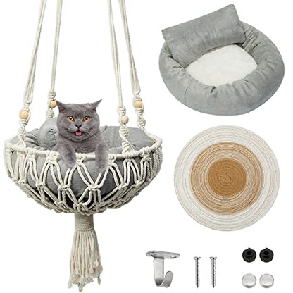 Juexica 3 Pcs Macrame Cat Hammock, Including Hanging Kitten Bed Scratcher Scratch Pad Swing Bed for Small Cat Small Dog(40 x 12 Inch,Cute Style)