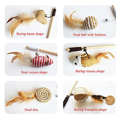 Artshu 6pcs 40cm Feather Linen Wand Cat Catcher Teaser Stick Interactive Toys Wood Rod Mouse Toy with Mini Bell