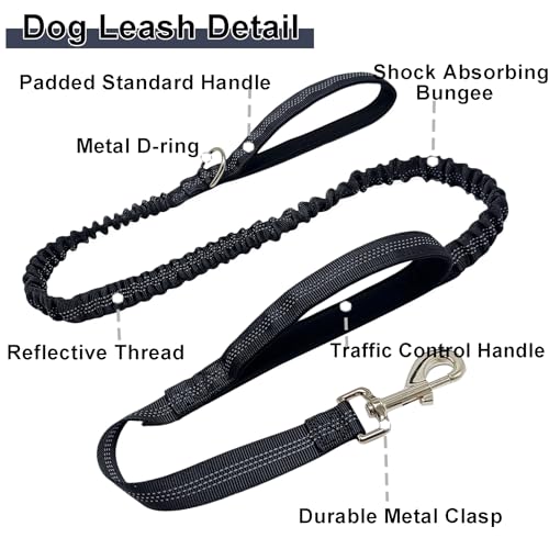 5FT Bungee Dog Leash with 2 Handles, Reflective Strong Nylon Traffic Leash, Shock Absorbing Lead for Large Medium Dogs Walking Training Controlling, Black - color: Black