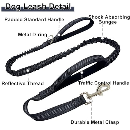 5FT Bungee Dog Leash with 2 Handles, Reflective Strong Nylon Traffic Leash, Shock Absorbing Lead for Large Medium Dogs Walking Training Controlling, Black - color: Black