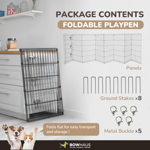 BOWHAUS Foldable Outdoor/Indoor Pet Playpen with Gate, Available in 36 Inch Height Metal Portable Kennel, Heavy-Duty Exercise Fence Cage 8 Panels for Large Dog, Animals - style: 36 Inch