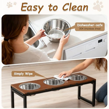 Elevated Dog Bowls Large Breed,Adjustable Raised Dog Bowl Stand,Stainless Steel 3 Bowl Dogs Feeding Station,12.5cup/101oz Each Food Water Bowl(Iron Holder,Wooden Platform,Grained Oak)