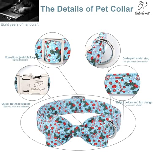 Christmas Dog Collar with Bow Tie - Cute Christmas Cherry & Candy Pattern Blue Puppy Collar, Adjustable Metal Buckle Winter Holiday Bowtie Dog Collars for Small Medium Large Dogs XS - color: B-Blue Xmas Polka Dot, size: XS
