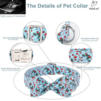 Christmas Dog Collar with Bow Tie - Cute Christmas Cherry & Candy Pattern Blue Puppy Collar, Adjustable Metal Buckle Winter Holiday Bowtie Dog Collars for Small Medium Large Dogs XS - color: B-Blue Xmas Polka Dot, size: XS