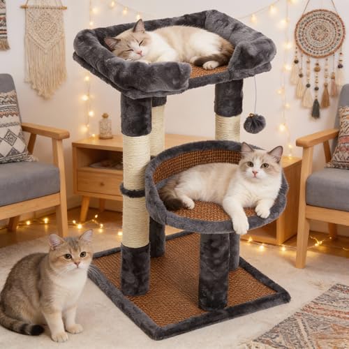 Multi-Level Cat Tower with Scratching Posts, Cat Tree with Double Cat Bed & Hanging Toys, Cute Climbing Tower with Sisal Scratcher for Kittens & Adult Cats, Grey - color: Grey