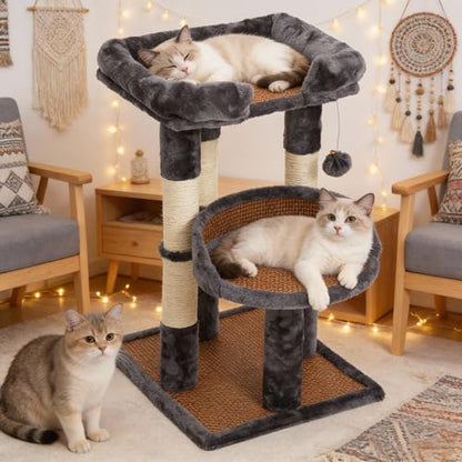 Multi-Level Cat Tower with Scratching Posts, Cat Tree with Double Cat Bed & Hanging Toys, Cute Climbing Tower with Sisal Scratcher for Kittens & Adult Cats, Grey - color: Grey