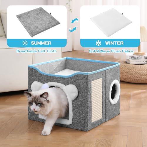 Cat House for Indoor Cats, Large Cat Bed Cave with Scratch Pad and Fluffy Ball, Foldable Cat Hideaway Condo, Kitten Bed, 16x16x13inch (Grey, Large) - color: Grey