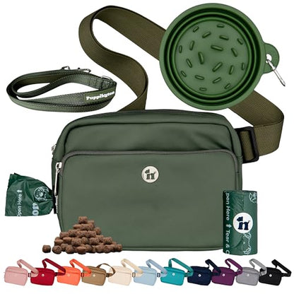 Puppington 3-in-1 Crossbody Dog Treat Pouch for Pet Training - Compostable Poop Bags, Built-In Poop Bag Dispenser, Slow-Feeding Travel Dog Bowl & Reflective Leash - Dog Walking Bag (Basil Green) - color: Basil Green