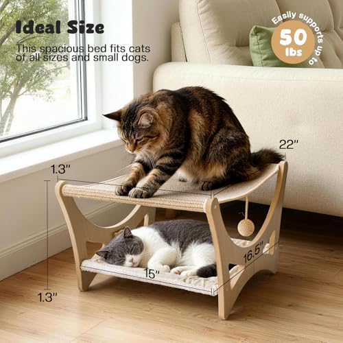 Double-Layer Cat Hammock Bed, Wooden Elevated Cat Beds with Natural Sisal Scratching Mat, Cats Scratcher Bed with Removable Soft Cushion, Cats Scratching Beds with Wood Frames - color: Narual Wood (Double Layers)
