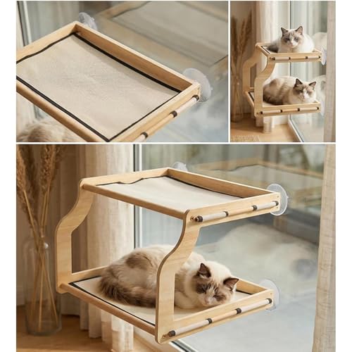 Window Perch for Cats Inside | Double Layer Wooden Perch - Indoor Small Cat Window Seat - for Small Medium Large All Breeds Kitten Climbing Basking Playing