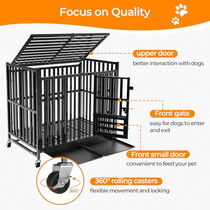 48/43/42Inch Heavy Duty Indestructible Dog Crate for Large Dogs,Escape-Proof Steel Kennel for Large Dogs,3Door Design with 4Lockable Wheels,Extra Large XXL Dog Cage with 2Removable Tray (42) - size: 42