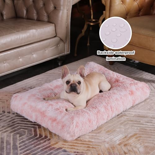 Bedfolks Plush Waterproof Dog Crate Bed with Removable Washable Cover,Faux Fur Kennel Pad for Medium Dogs,29"x21",Pink - color: Pink, size: Medium(29x21'')
