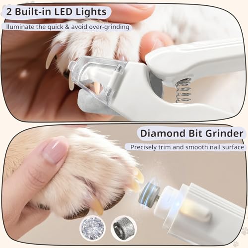 2-in-1 Dog Nail Trimmers & Dog Nail Grinder, Dog Nail Clippers with 2 LED Lights & Safety Guard, USB Rechargeable, Multiple Grinding Methods for Small, Medium, and Large Dogs & Cats (White) - color: White