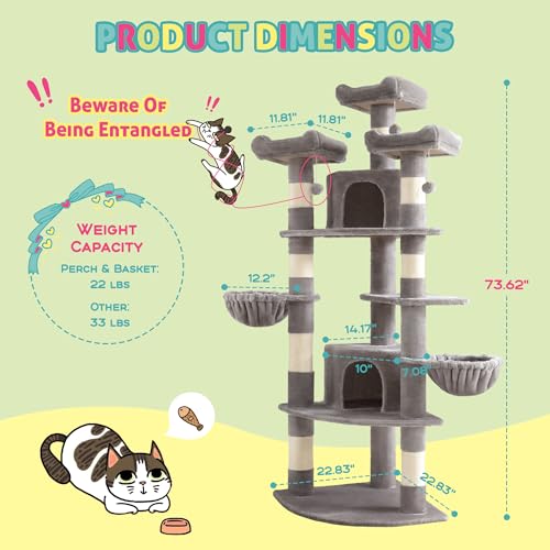 SHA CERLIN 73" Space-Saving Cat Tree/Multi-Level Tall Cat Tower with Perches/Scratching Posts/Condo & Hanging Baskets/Modern Fan-Shaped Design for Indoor Kitties/Pet Activity House/Grey - color: Grey