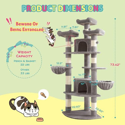 SHA CERLIN 73" Space-Saving Cat Tree/Multi-Level Tall Cat Tower with Perches/Scratching Posts/Condo & Hanging Baskets/Modern Fan-Shaped Design for Indoor Kitties/Pet Activity House/Grey - color: Grey
