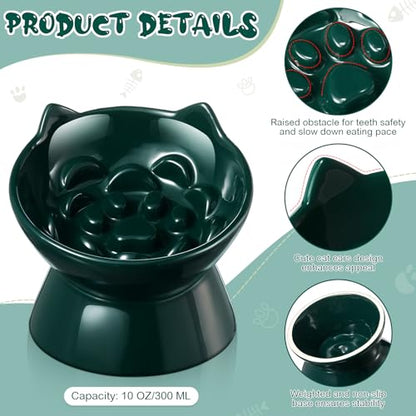 Funnymoom 2 Pcs Ceramic Raised Slow Feeder Cat Bowl, 5.91inch Elevated Cat Slow Feeder Bowl Tilted Anti Vomiting for Dry Wet Food and Water Easy to Clean High Edge(Dark Green) - color: Dark Green