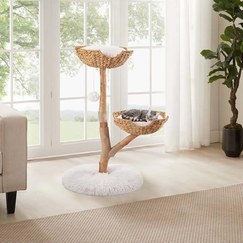 unipaws Wood Cat Tree Tower for Large Cats 20lbs, Updated Enlarge 24" Base with Dual Woven Baskets, 41" H Cat Activity Tree with Plush Cushions and Scratching Post - size: 2 baskets