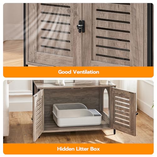 HOOBRO Cat Tree with Litter Box Enclosure, 27.6" L x 18.9" W x 52" H, All-in-One Wooden Cat Tower, Cat Furniture for Indoor Cats, Cat Condo with Hammock, Detachable Teaser Sticks, Greige BG14MZ03 - color: Greige