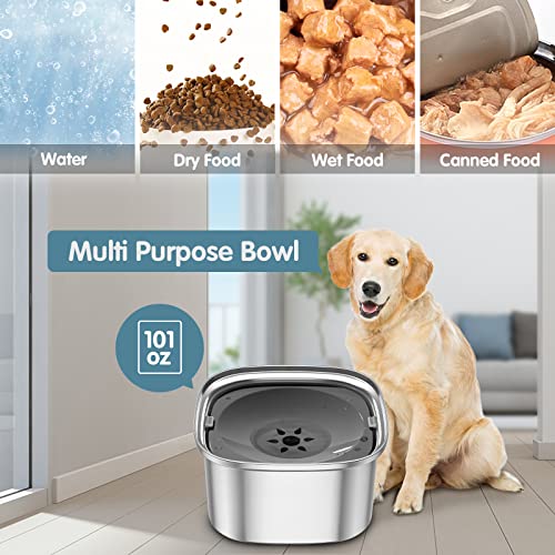 UPSKY 3L Dog Water Bowl 101oz Stainless Steel No Spill Large Capacity Dog Food Water Bowl Slow Water Feeder, Spill Proof Pet Water Dispenser Vehicle Carried Travel Water Bowl - color: gray, size: 3l