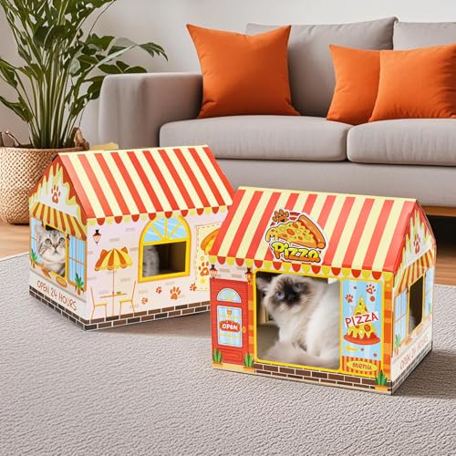 Tlence 2 Pack Cardboard Cat Houses with Scratcher, 16.5''x12.25''x15'' Cat Hideaway Playhouse, Kitty Scratching Beds for Indoor Cats, Pizza Shop Cat Furniture Condo Cave Tent for Bunny Small Animals