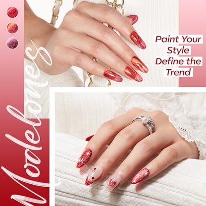 modelones Cat Eye Gel Nail Polish, 6 Colors Red Glitter Burgundy Ruby Sparkle Shimmer Gel Polish Set with Magnet Nail Gel Polish Kit Soak Off Led Nail Art Manicure Salon DIY Gifts - color: A-1 Rouge Aura