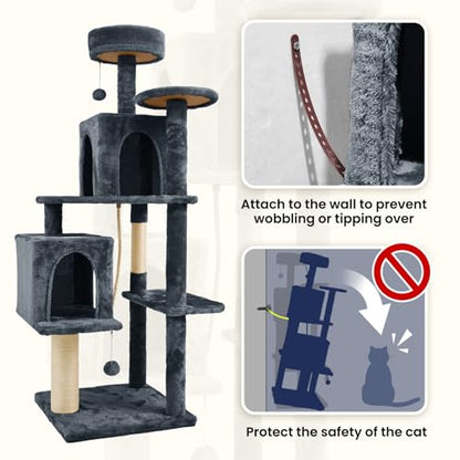58.5inch Large Cat Tree Tower Condo for Indoor Cats, Soft Plush Multi-Level Climbing Tree Cat House, Scratching Post, More Entrance/Exit, Sisal Rope, Black Grey - color: Black Grey