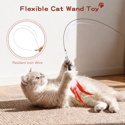 Pawaboo Feather Teaser Cat Toy - Interactive Wand with Extra Long 34.5" Wand and Small Bell, Exerciser Playing Toy for Kittens or Cats, Wine Red & White Feather - color: Wine Red & White