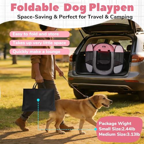 Foldable Puppy Playpen Indoor & Outdoor,Portable Small Dog & Kitten Playpen with Breathable Mesh,Easy Setup Pet Pen with Zipper Door & Carry Bag,Pop Up Puppy Playpen,Pink M - size: M