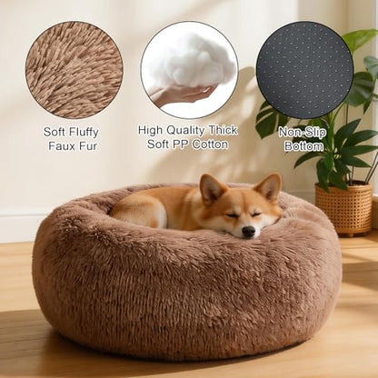 Dog Calming Beds for Small Medium Large Dogs - Round Donut Washable Puppy Dog Bed, Anti-Slip Faux Fur Fluffy Donut Cuddle Anxiety Cat Pet Bed(20'' Khaki - color: khaki, size: 20"L x 20"W x 8"Th